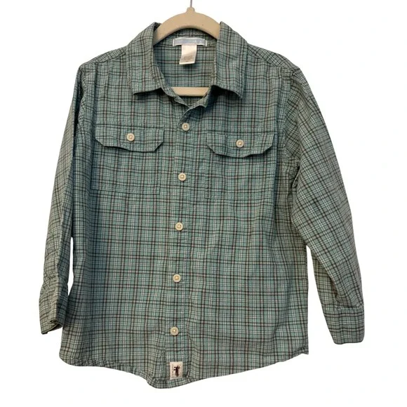 Janie and Jack Boys Teal Blue Plaid Button Down Shirt Long Sleeve 5T Cotton - Picture 1 of 5
